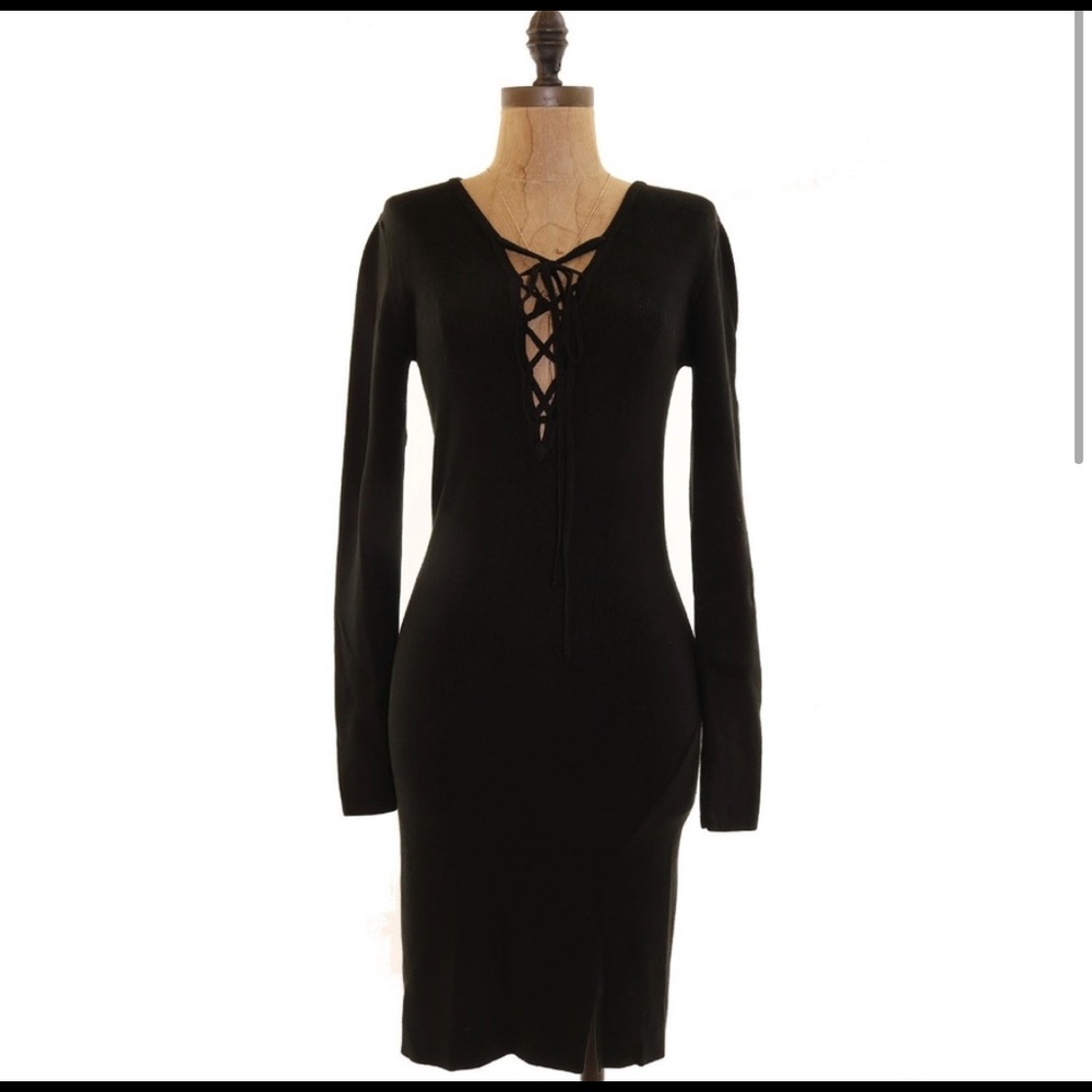 WAYF Long Sleeve Gala Lace-Up Knit Mini Dress